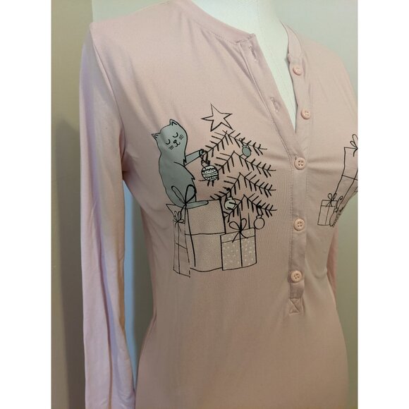 La Vie en Rose Soft Pink Nightgown Sleepshirt Casual Pajama Christmas Cats XS - Picture 3 of 12